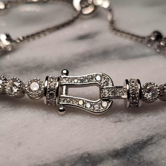 Rhodium over Sterling Silver ADJUSTABLE stirrup bracelet w/crystals - Picture 2 of 7